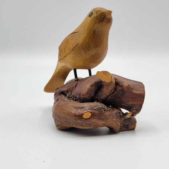 Vintage Hand Carved Wooden Wood Bird Sculpture Figure On Driftwood Stand - Picture 4 of 9